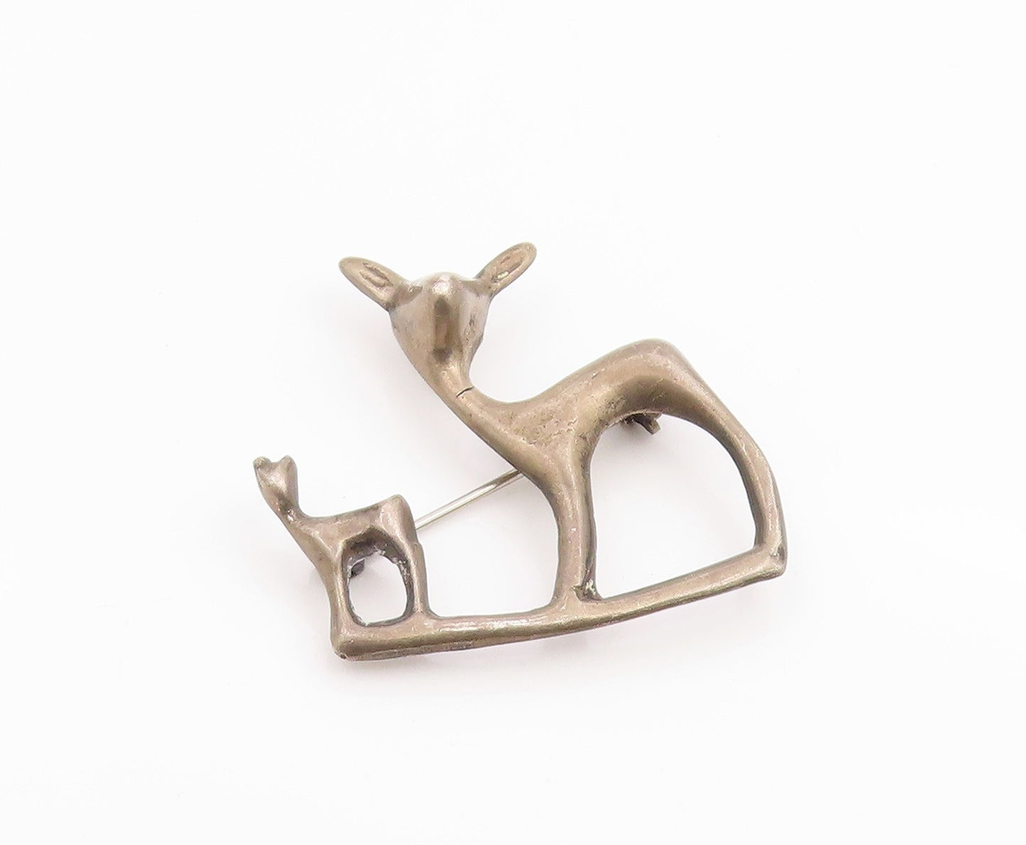 925 Sterling Silver Vintage Brooch Pin Minimalist Deer & Fawn Cutout  BP12461