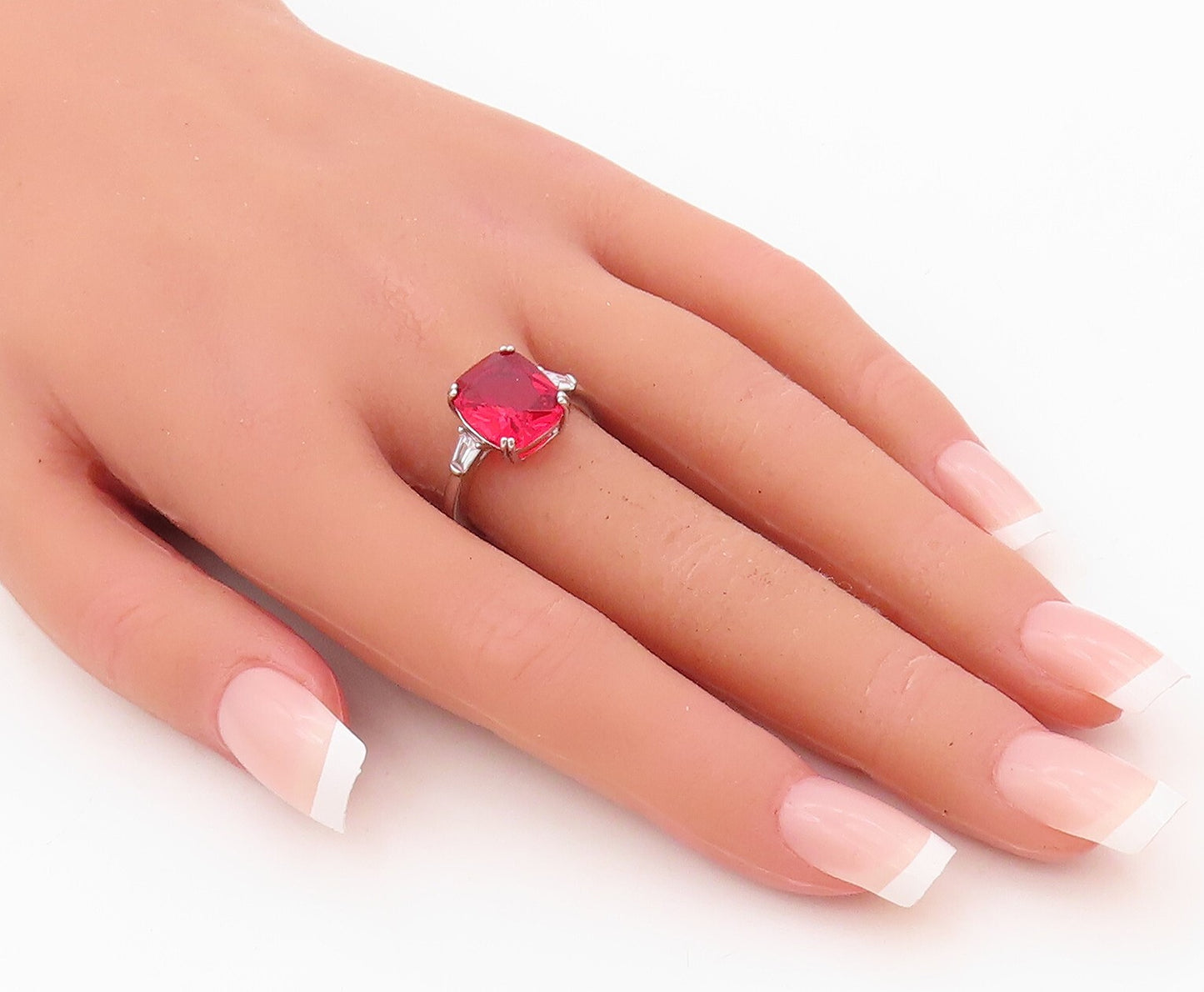 925 Sterling Silver Vintage Ring Rectangle Cut Red & White CZ  Sz 7  RG30465