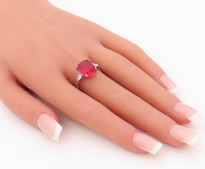 925 Sterling Silver Vintage Ring Rectangle Cut Red & White CZ  Sz 7  RG30465