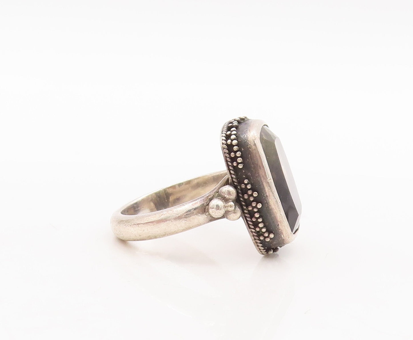 925 Sterling Silver Vintage Ring Beaded Rectangle Shaded Gemstone  Sz 8 RG28779