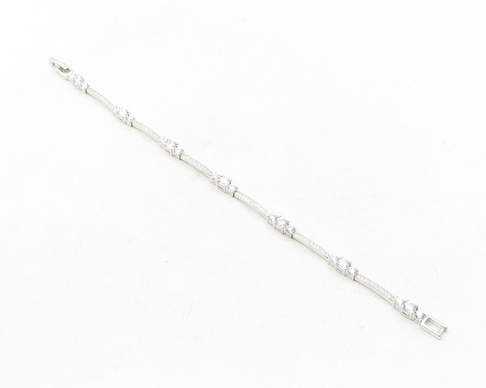 925 Sterling Silver  Sparkling Cubic Zirconia Bar Link Chain Bracelet  BT4843