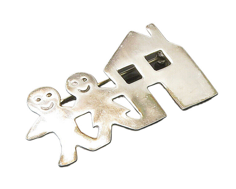 MEXICO 925 Sterling Silver  Vintage Shiny Boy & Girl House Brooch Pin  BP9249