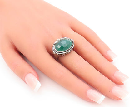 925 Sterling Silver Vintage Ring Roped Border Green Onyx & Topaz  Sz 7  RG29395