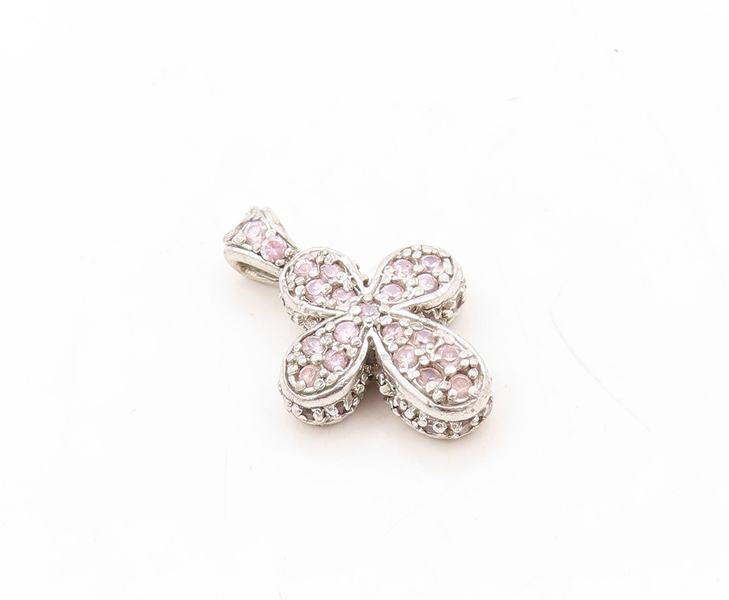 925 Sterling Silver Vintage Pendant 4 Petal 2 Tone Topaz Inlay Flower  PT23598