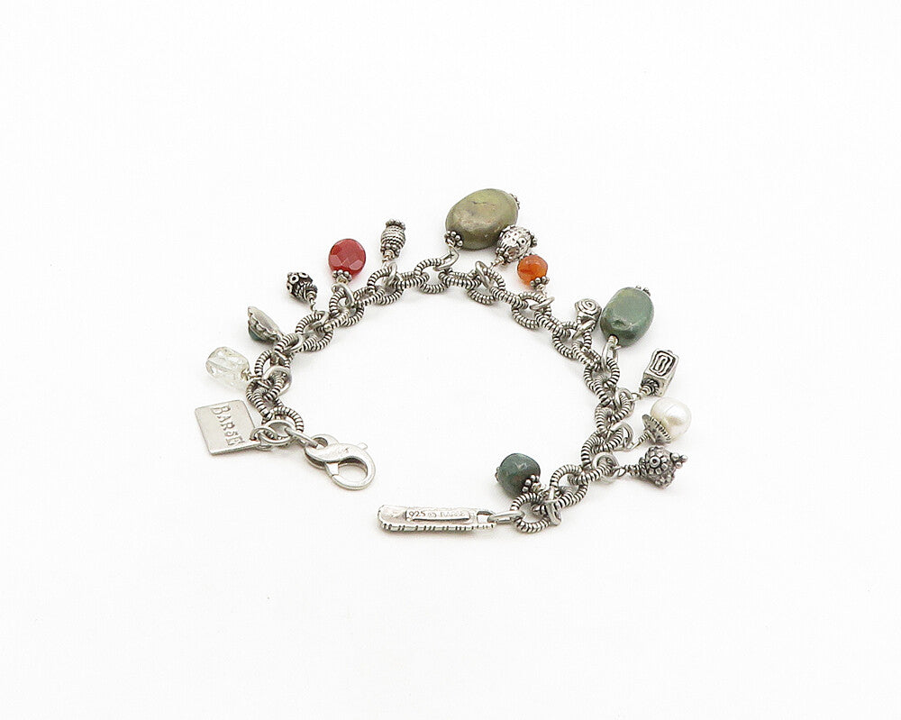 BARSE 925 Silver  Vintage Pearl Carnelian & Jasper Chain Bracelet  BT7972