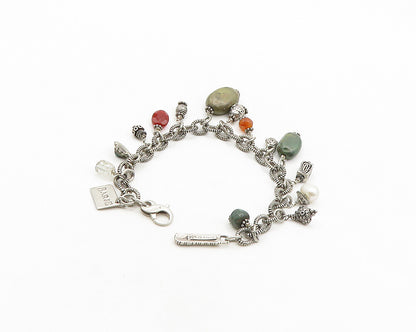 BARSE 925 Silver  Vintage Pearl Carnelian & Jasper Chain Bracelet  BT7972