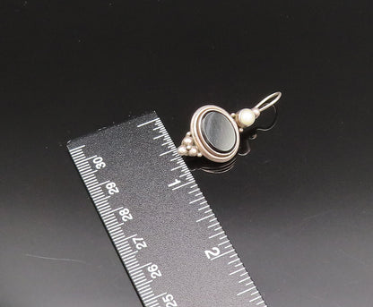 925 Sterling Silver  Vintage Black Onyx & Fresh Water Pearl Earrings  EG11960