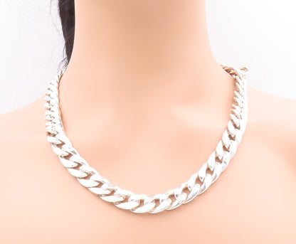 925 Sterling Silver Vintage Necklace Solid Carved Flat Curb Link Chain  NE4284