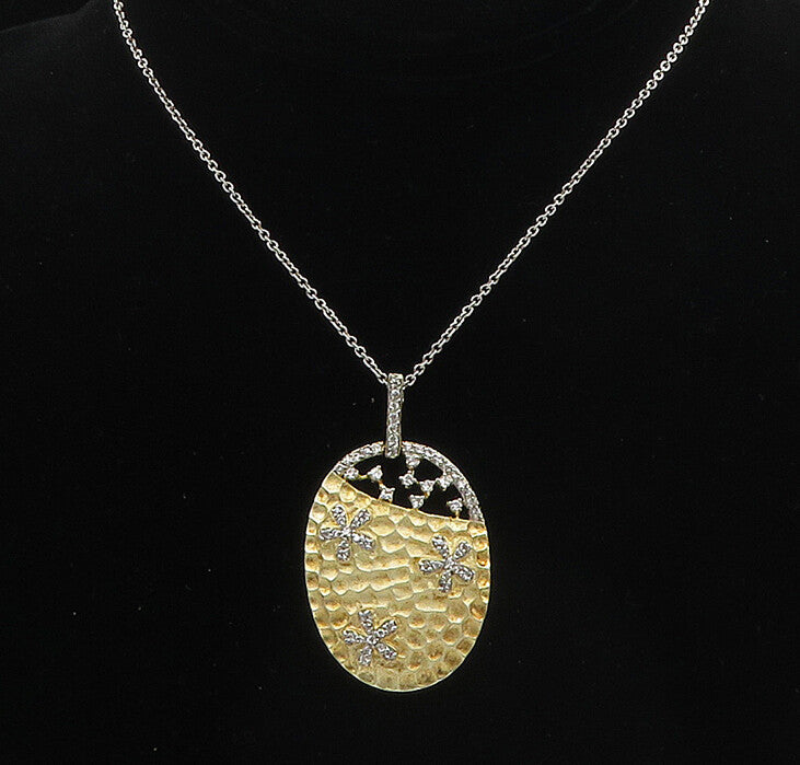 925 Sterling Silver  Vintage Topaz Floral Two Tone Chain Necklace  NE3017