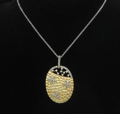 925 Sterling Silver  Vintage Topaz Floral Two Tone Chain Necklace  NE3017