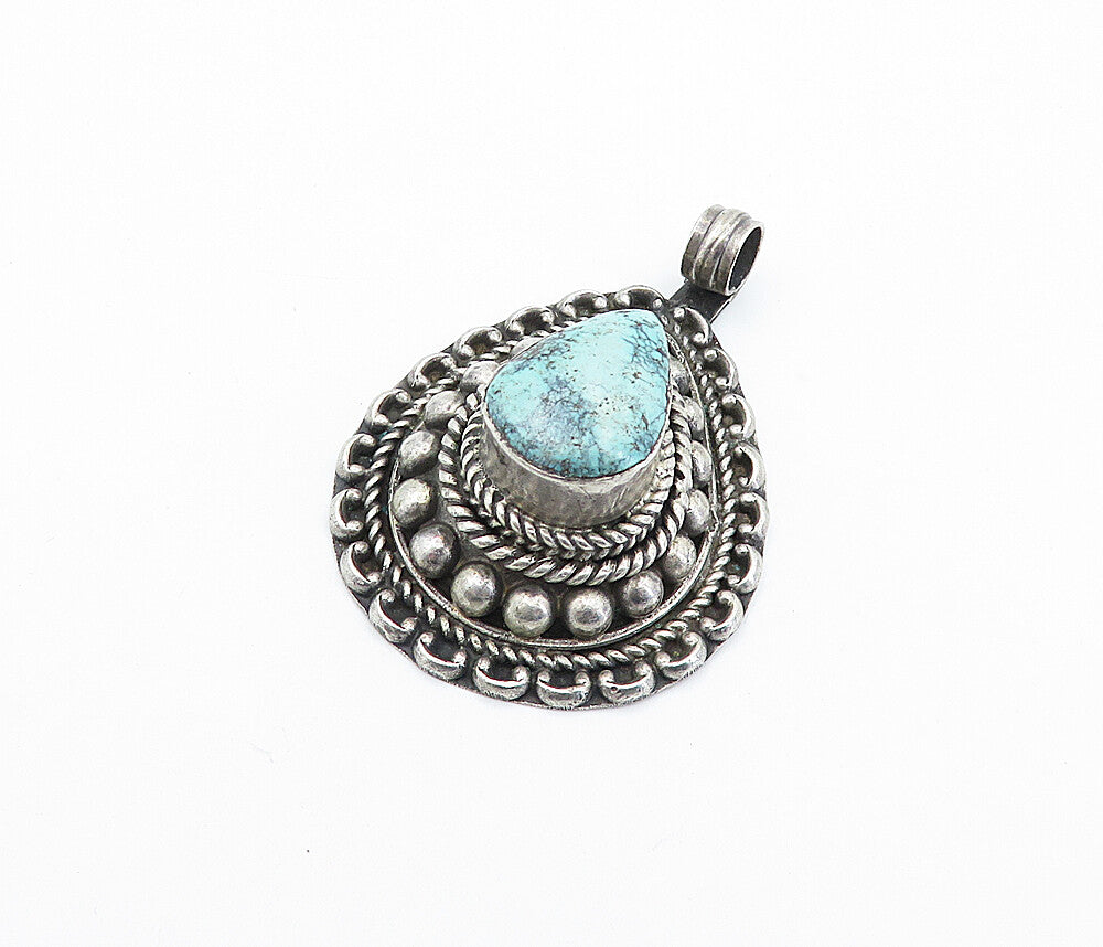 925 Sterling Silver Vintage Pear Shapes Turquoise Twist Drop Pendant PT4122