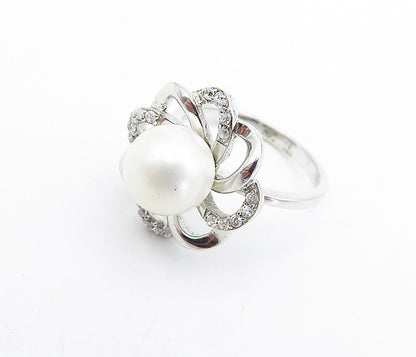 925 Sterling Silver  Vintage Pearl & Topaz Floral Cocktail Ring Sz 7  RG5187