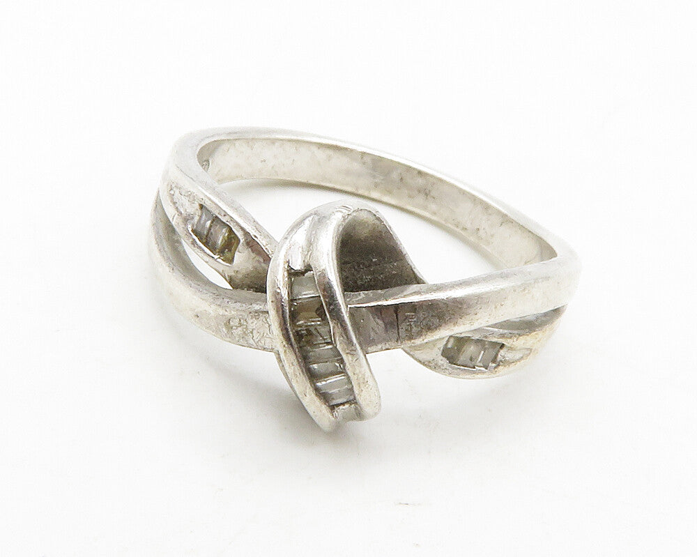 925 Sterling Silver  Vintage Genuine Diamonds Ribbon Band Ring Sz 7  RG13369