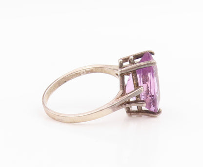 925 Sterling Silver Vintage Ring Pear Cut Amethyst Solitaire Band Sz 7.5 RG35839