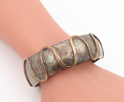 925 Sterling Silver Vintage Bracelet Two Tone Bold Hammered Wavy Cuff  BT11818