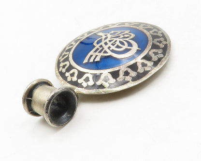 925 Sterling Silver  Vintage Blue Enamel Floral Border Round Pendant  PT10531