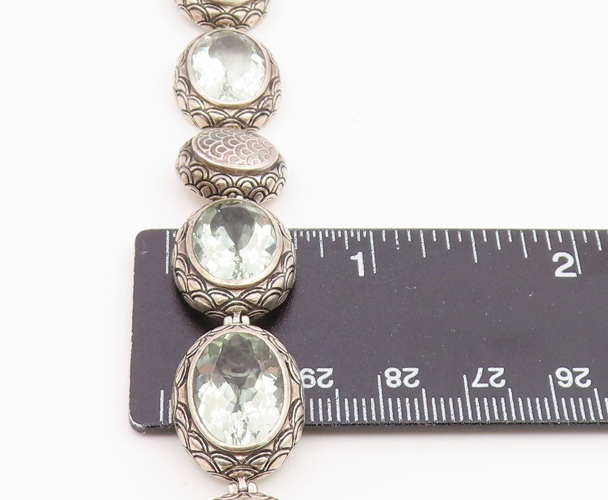 925 Sterling Silver Vintage Bracelet Green Amethyst Etched Oval Link  BT12188