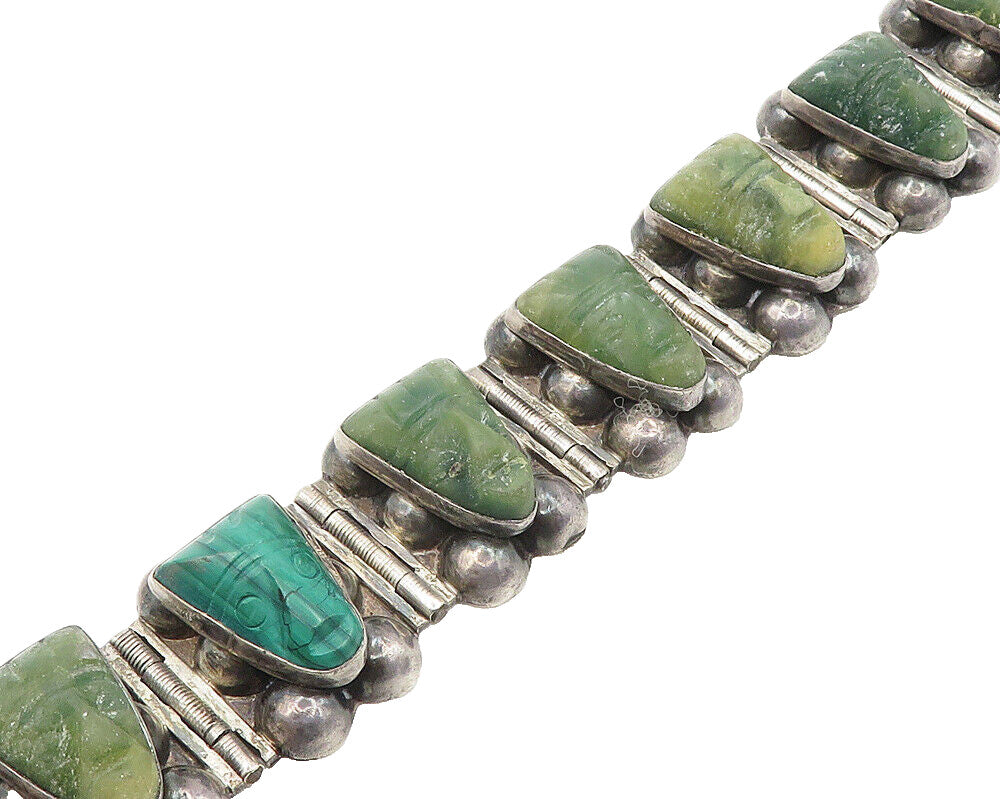 P.Y. MEXICO 925 Sterling Silver Vintage Face Carved Jade Chain Bracelet BT7240