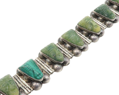 P.Y. MEXICO 925 Sterling Silver Vintage Face Carved Jade Chain Bracelet BT7240