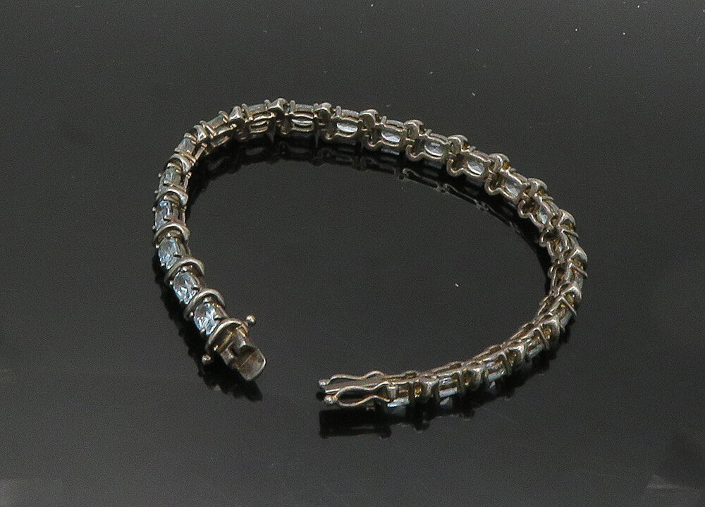 925 Sterling Silver  Vintage Prong Set Blue Topaz Tennis Bracelet  BT7981