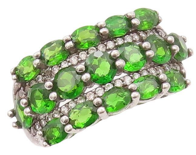 925 Sterling Silver Vintage Ring Oval Green & Round White CZ Bands Sz 9  RG28420