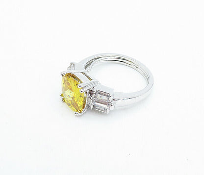 925 Silver  Citrine & Cubic Zirconia Shiny Solitaire Accent Ring Sz 7  RG3588