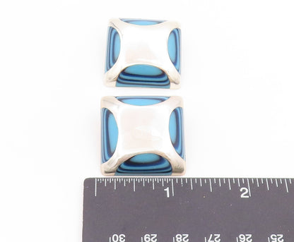925 Sterling Silver Vintage Earrings MEXICO Blue Agate Geometric Clip On EG14039