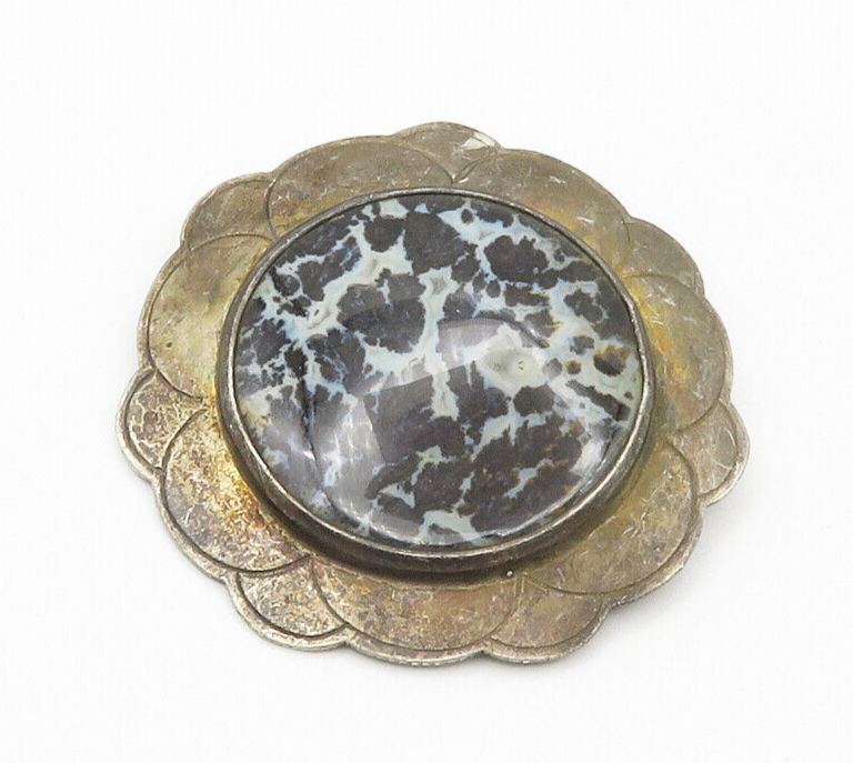 925 Sterling Silver  Vintage Spotted Jasper Floral Oxidized Brooch Pin  BP5323