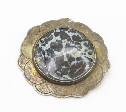 925 Sterling Silver  Vintage Spotted Jasper Floral Oxidized Brooch Pin  BP5323