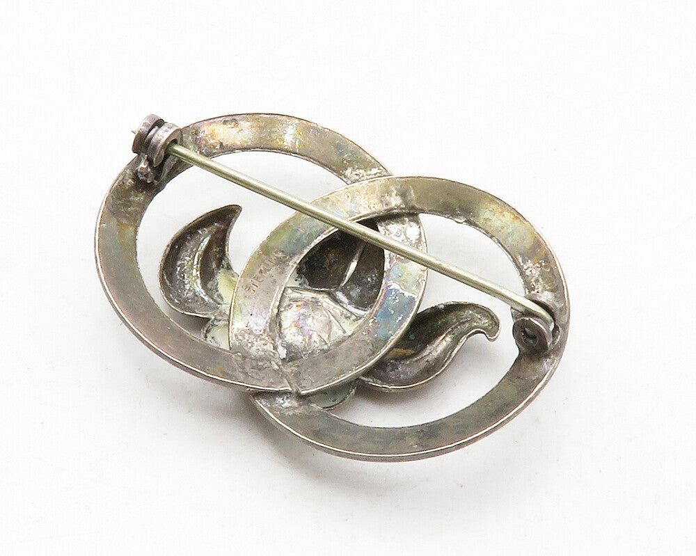 925 Sterling Silver  Vintage Dark Tone Flower Open Circles Brooch Pin  BP4953