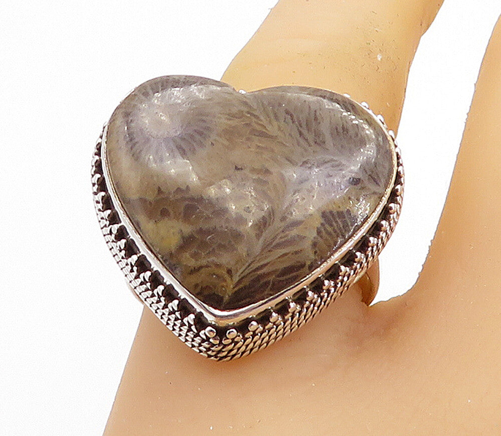 925 Sterling Silver  Vintage Jasper Love Heart Cocktail Ring Sz 9.5  RG7702