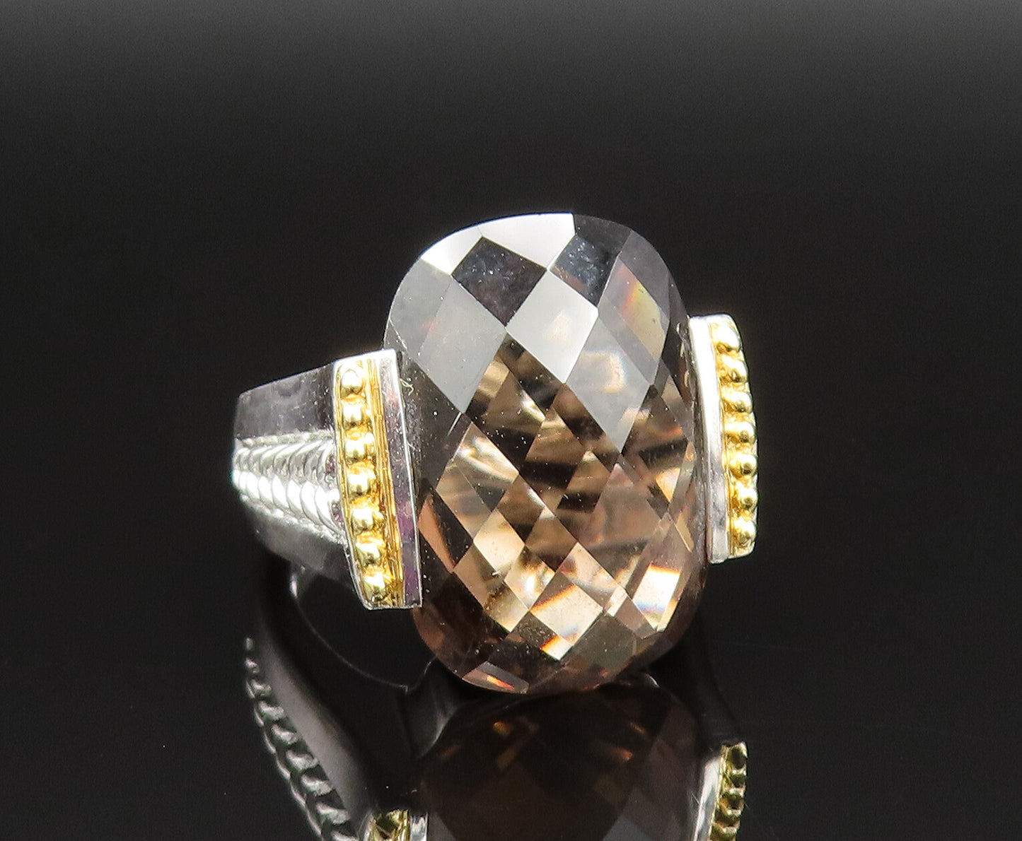925 Silver  Vintage Two Tone Smoky Quartz Braided Shank Ring Sz 6  RG25629