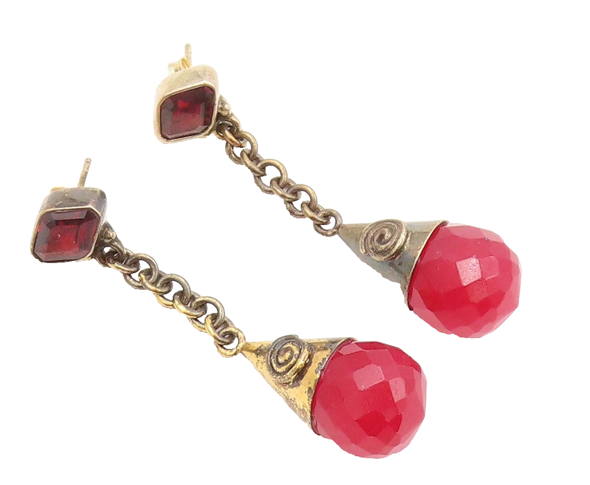 925 Sterling Silver Vintage Earrings Gold Plated Dangling Ruby & Garnet  EG13404