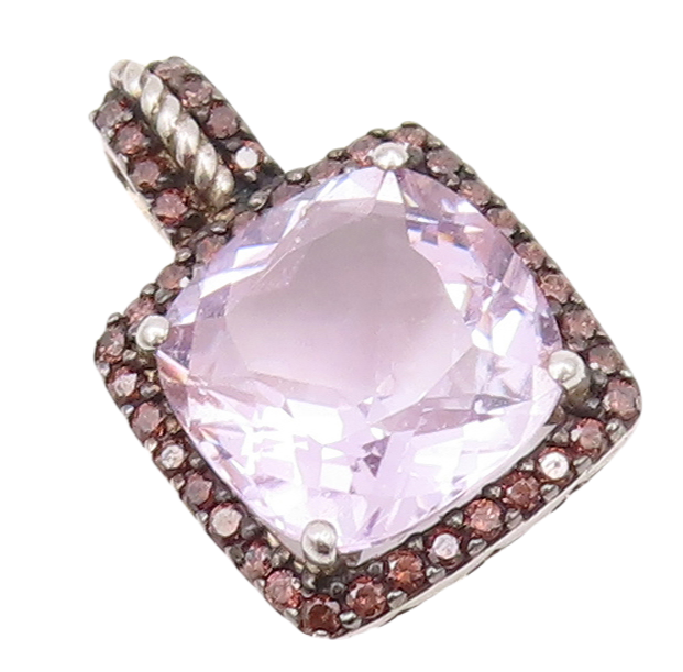 925 Sterling Silver Vintage Pendant Diamonds & Square Cut Purple Topaz  PT23136