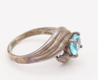 925 Silver  Vintage Oval Blue Topaz Ribbed Swirl Frame Ring Sz 7.25  RG26200