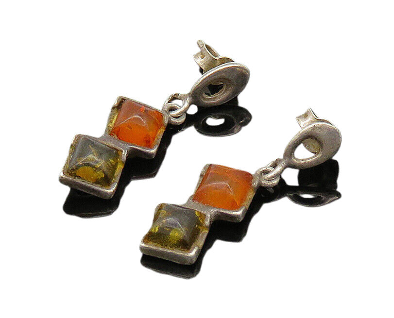 925 Sterling Silver  Vintage Cabochon Amber 2 Stone Dangle Earrings  EG10330