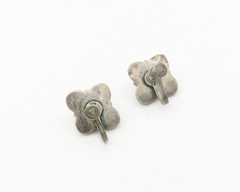 MEXICO 925 Silver  Vintage Antique Turquoise Floral Non Pierce Earrings EG9273
