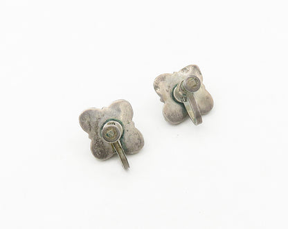 MEXICO 925 Silver  Vintage Antique Turquoise Floral Non Pierce Earrings EG9273