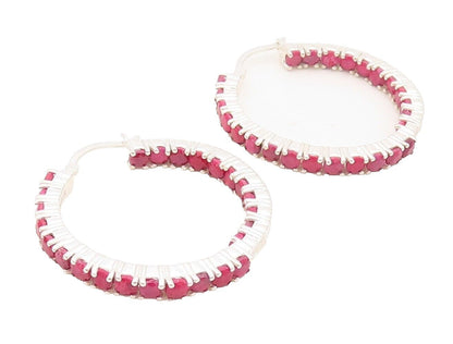 925 Sterling Silver Vintage Earrings Minimalist Ruby Inlay Hoops  EG13153