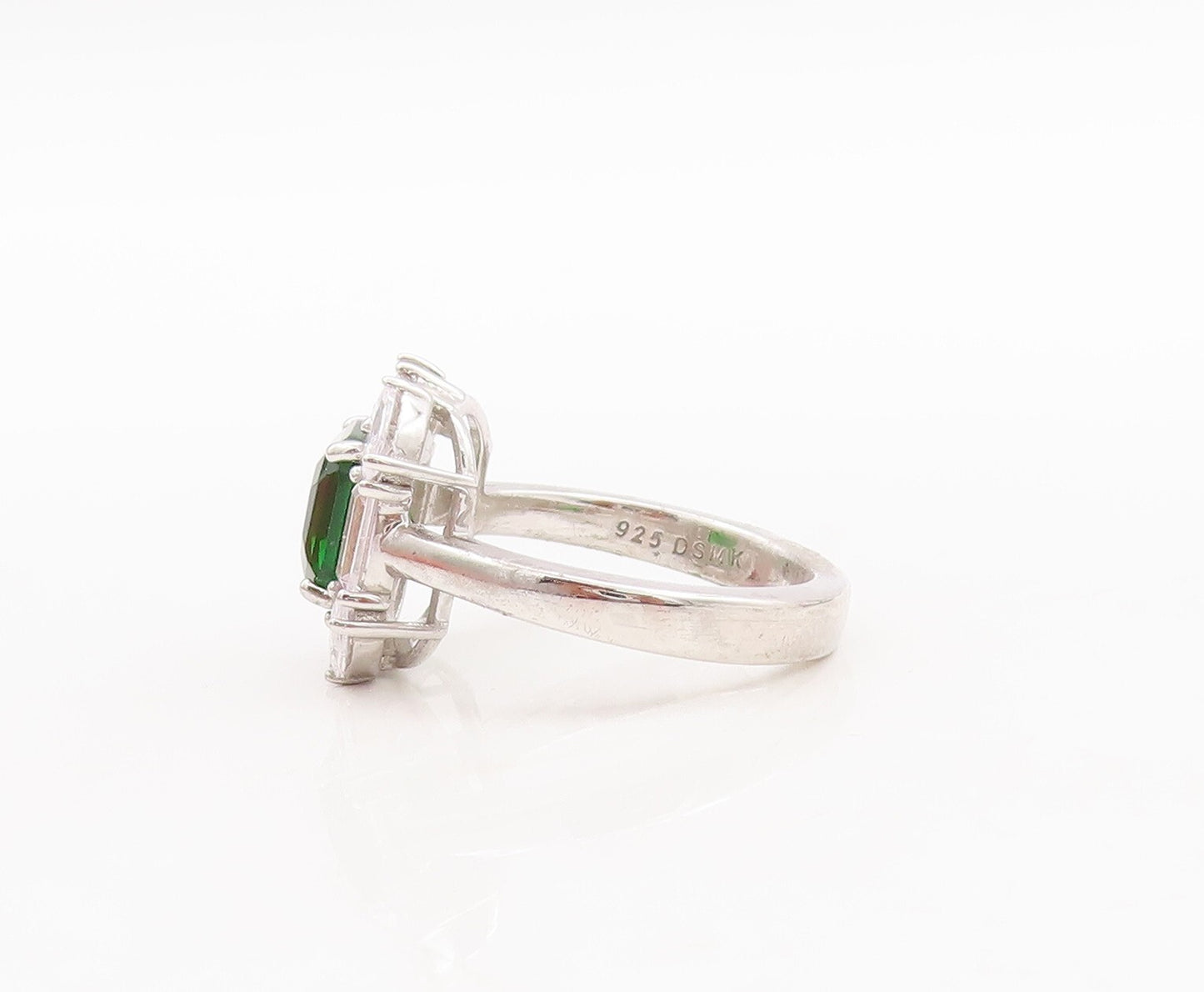 925 Sterling Silver Vintage Ring Green Square Cut Halo White Topaz  Sz 7 RG29542