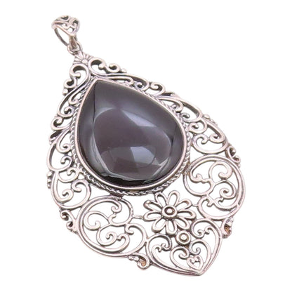 925 Sterling Silver  Vintage Black Onyx Floral Baroque Swirl Pendant  PT15438