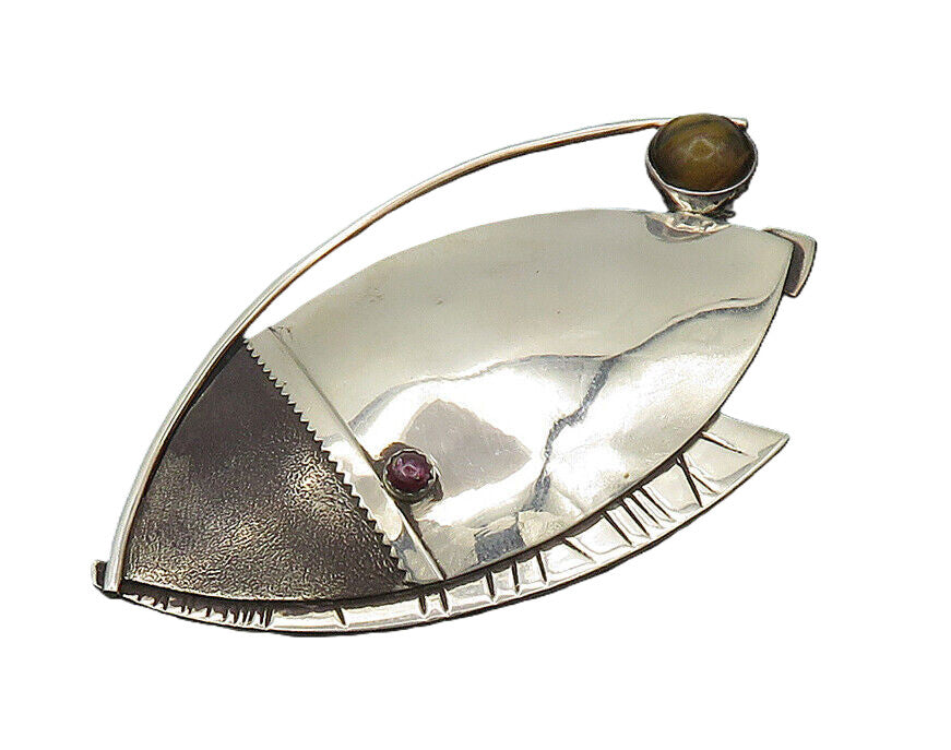 DESIGNER 925 Silver  Vintage Cabochon Tiger's Eye & Garnet Brooch Pin  BP7981