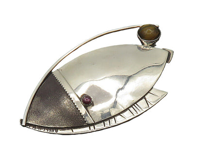 DESIGNER 925 Silver  Vintage Cabochon Tiger's Eye & Garnet Brooch Pin  BP7981