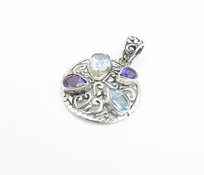 925 Sterling Silver  Sparkling Topaz & Amethyst Swirl Round Pendant  PT5837