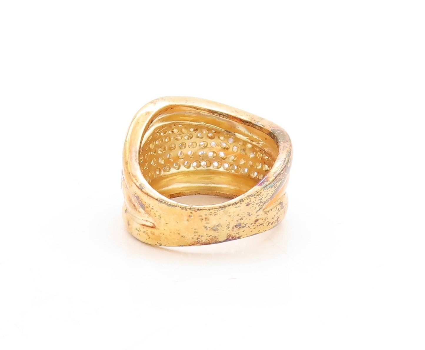 925 Sterling Silver Vintage Ring Gold Plated Bordered CZ Wave Inlay Sz 8 RG30097