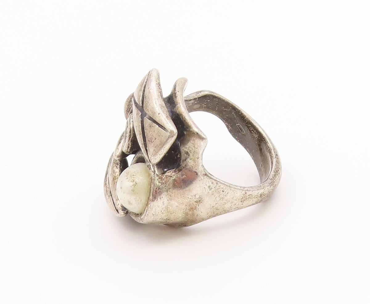 925 Sterling Silver Vintage Ring Pearl Brutalist Carved Band  Sz 6.5  RG36688