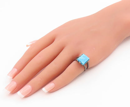 925 Sterling Silver Vintage Ring Rectangle Turquoise Split Band  Sz 6  RG36057