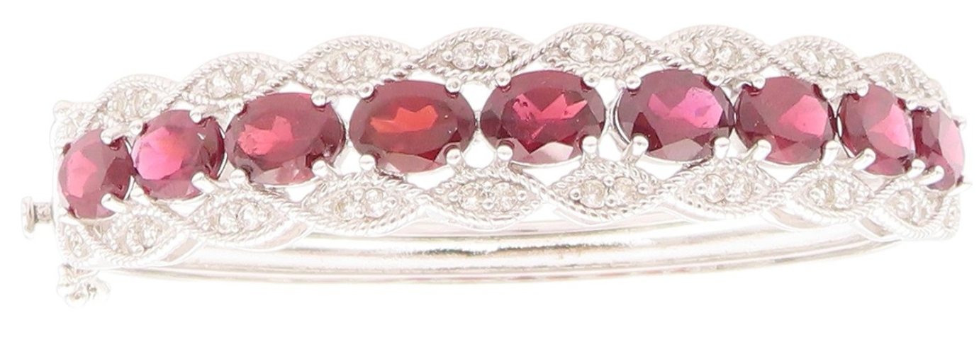 925 Sterling Silver Vintage Bracelet Oval Ruby & CZ Triple Row Bangle  BT11393