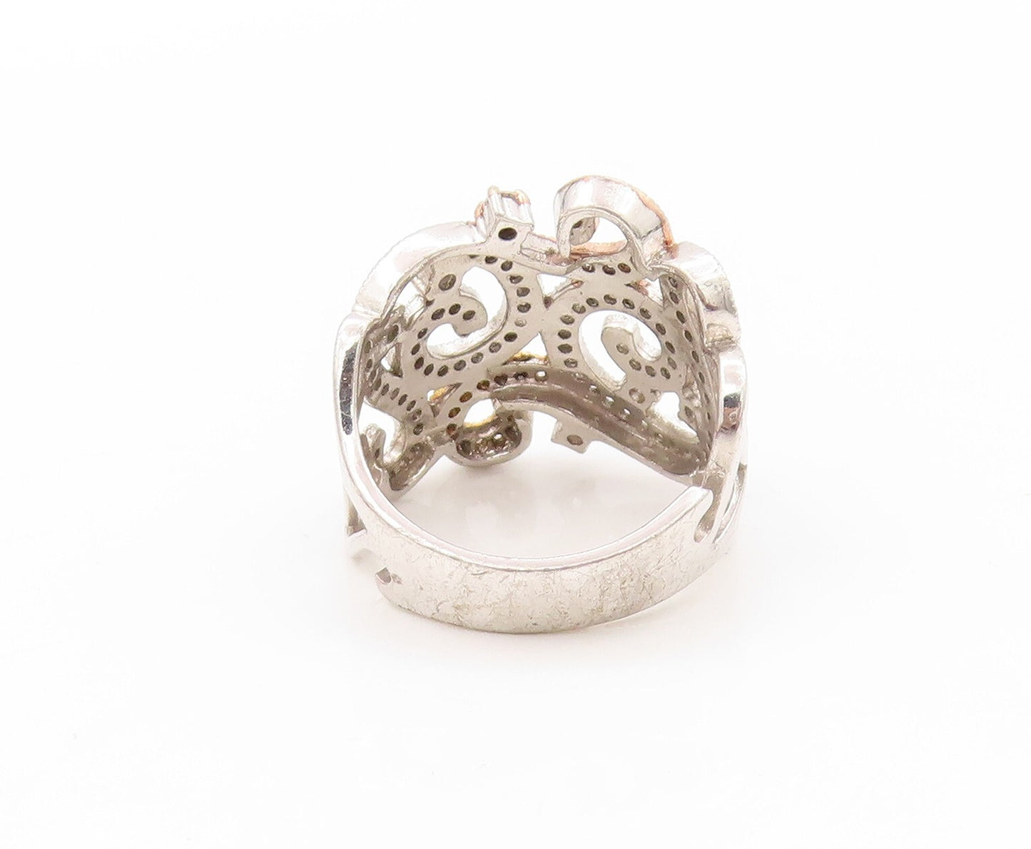 925 Sterling Silver Vintage Ring CZ Inlay Swirly Cutout Design  SZ 8  RG31985