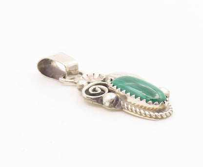 925 Sterling Silver Vintage Pendant NAVAJO Cabochon Malachite Leaf Motif PT26090